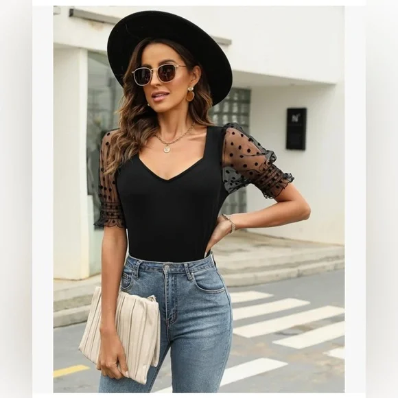 Women’s Puff Sleeve Top Sweetheart Neckline Dressy Casual Short Sleeve Shirt - Picture 2 of 4